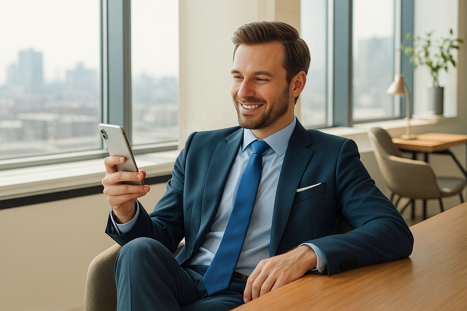 Executivo no escritório olhando o celular